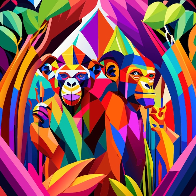 reino animal colorido cuerpo completo chimpancé adán y eva formas abstractas ilustración vectorial