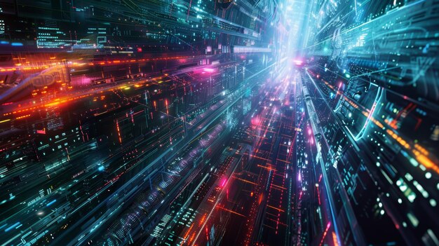 Un reino digital cautivador una matriz futurista de luces de neón y flujos de datos