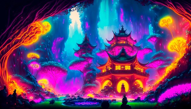 El reino de la selva de la fantasía la arquitectura asiática colorida