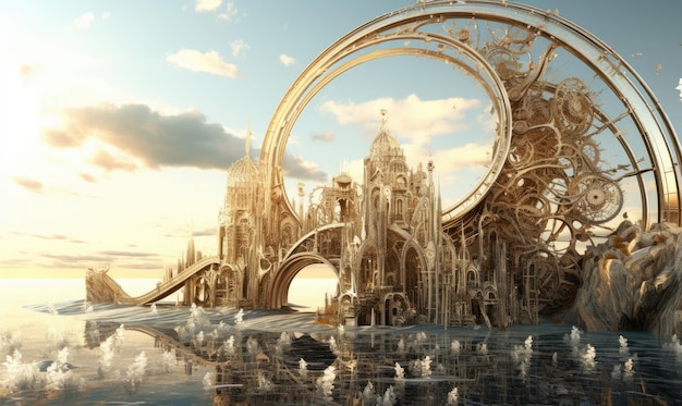 En el reino del steampunk se despliega un paisaje impresionante adornado con estructuras de cristal onduladas de intrincado diseño.