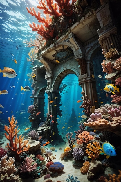 reino subaquático com corais coloridos