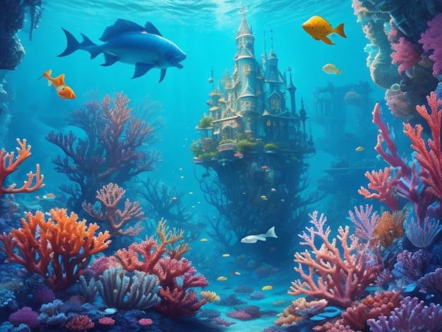 Reino subaquático dos peixes listrados do mar nadam