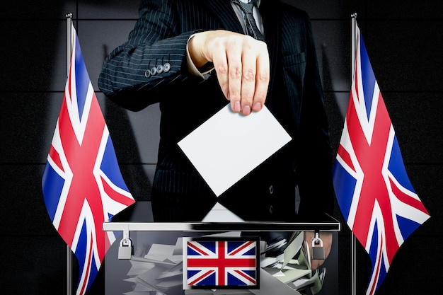 Reino Unido banderas mano cayendo tarjeta de votación elección concepto 3D ilustración