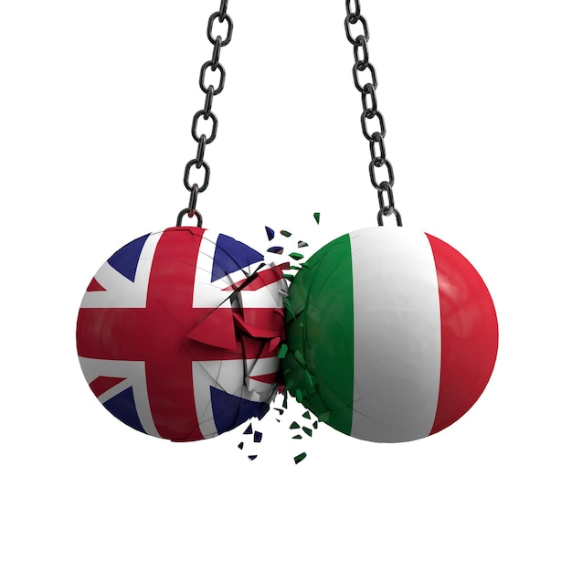 Reino Unido e Italia bandera bolas políticas chocan entre sí 3D Rendering