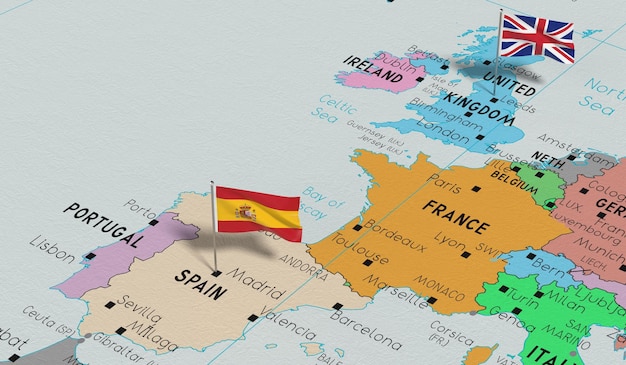 Foto el reino unido y españa fijan banderas en el mapa político ilustración en 3d