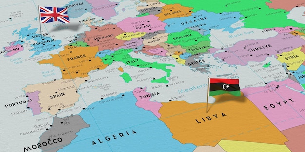 Foto el reino unido y libia fijan banderas en el mapa político ilustración en 3d