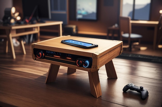 Reinos virtuales CloseUp de una mesa de madera vacía en medio del mundo de los juegos