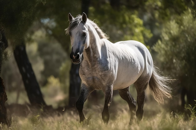 Reinrassig Ein spanisches Pferd trabt auf einem schattigen Feld mit einem sonnendurchfluteten Wald im Hintergrund