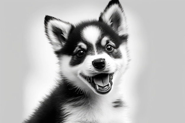 Reinrassige Husky-Hündin schwarz-weiß lachend isoliert auf weißem Hintergrund Domestizierte Hunderasse mit einem schiefen Grinsen und aufrechten Ohren Ein entzückender kleiner Welpe mit wolligem Fell, der eine Pose aufschlägt