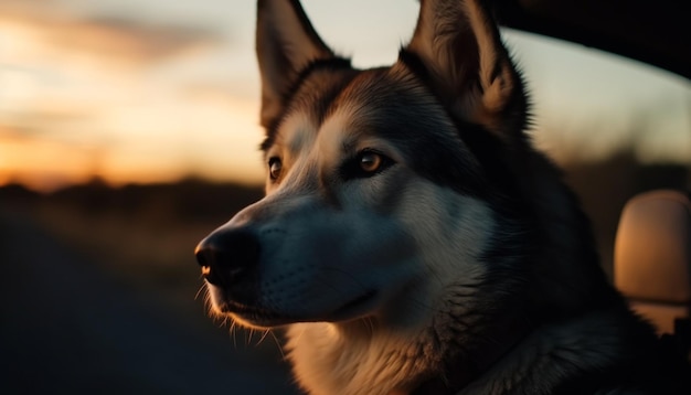 Reinrassiger Deutscher Schäferhundwelpe, der im von KI erzeugten Sonnenuntergangsgras sitzt