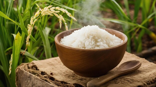 Reis in einer Holzschüssel und einem Holzlöffel mit Reispflanze