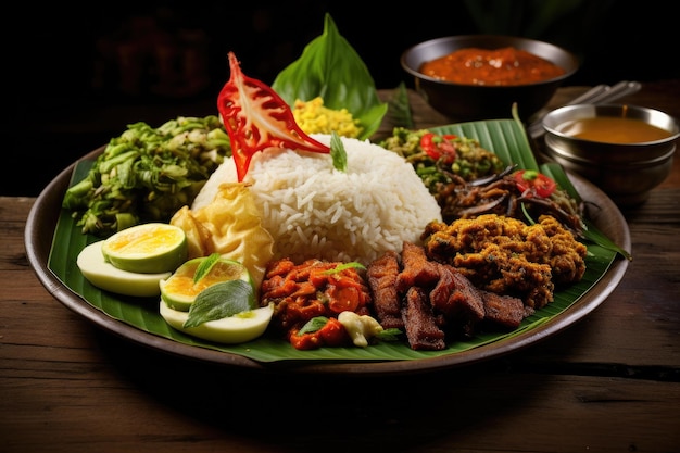 Reis mit Fleisch und Gemüse auf Holztisch Thailändisches Essen Indonesisches traditionelles Bali-Essen Indonesien AI generiert