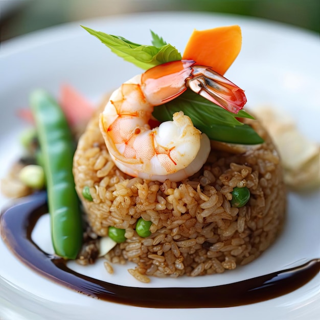 Reis mit Garnelen und Gemüse auf weißem Teller