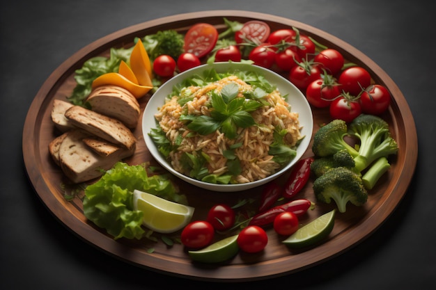 Reis mit Gemüse und Tortilla auf schwarzem Hintergrund generativ ai