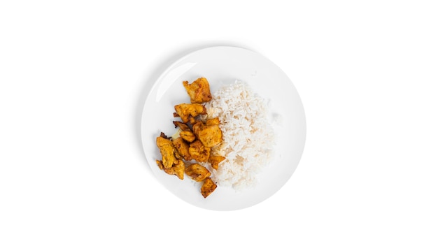Reis mit Huhn isoliert. Ein Gericht aus Reis und Hühnchen.