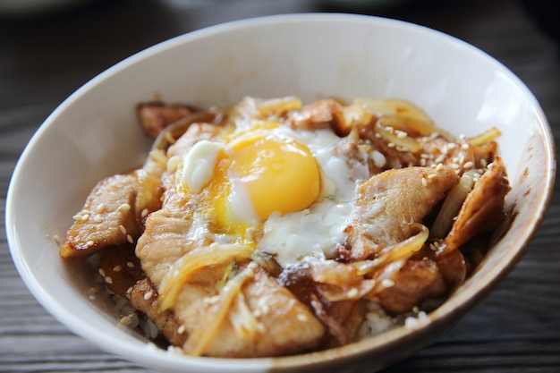 Reis mit Schweinefleisch und Ei Butadon - japanisches Essen