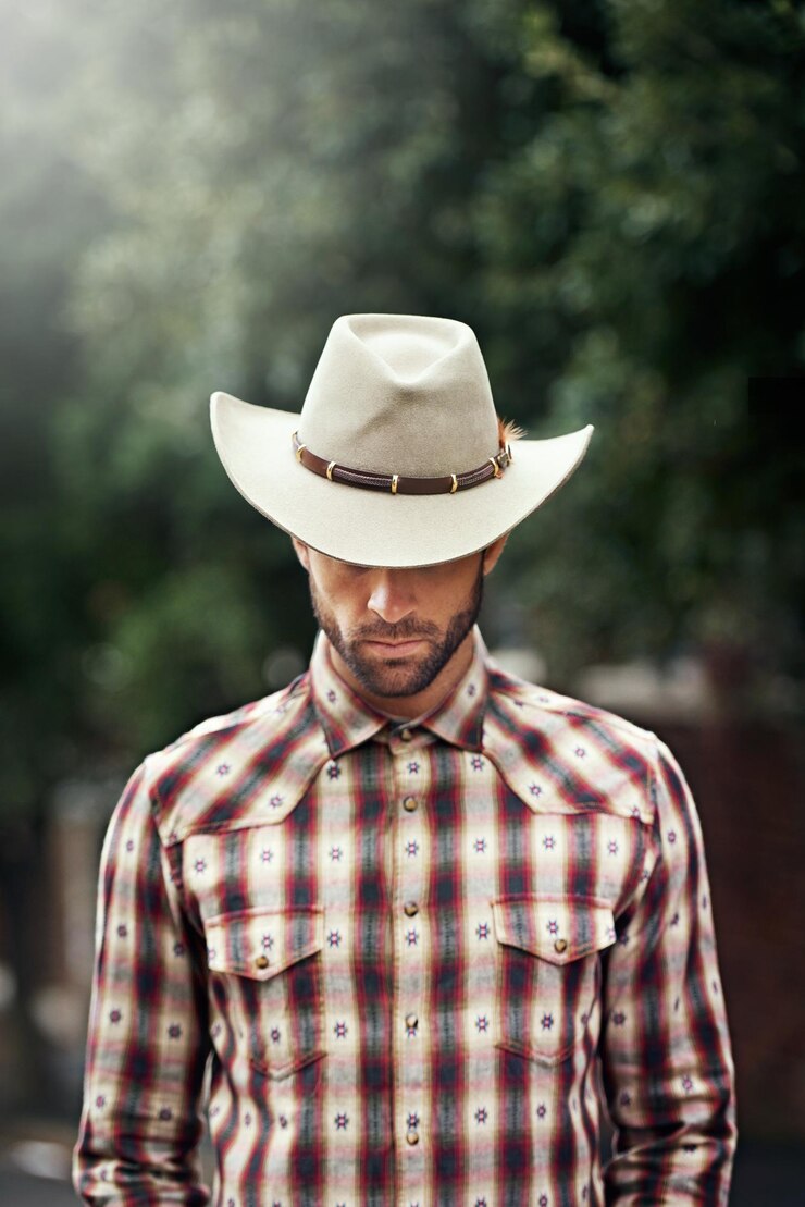 Foto reis têm coroas, mas um vaqueiro só tem um chapéu foto de um vaqueiro bonito vestindo uma camisa xadrez e stetson