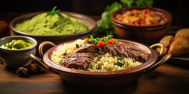 Reis- und Fleischgericht, traditionelles Essen aus dem Nahen Osten, muslimisches Familienessen