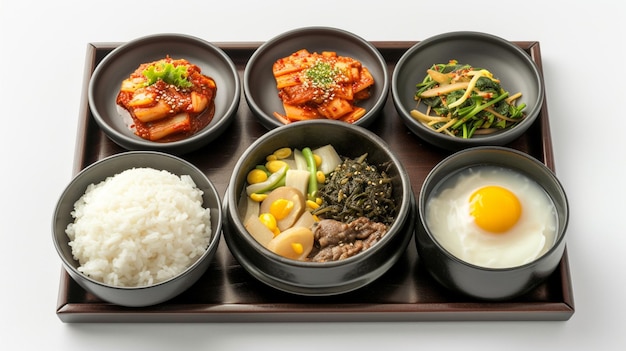 Reis und Nebengerichte Die Hauptmenü der koreanischen Mahlzeit befindet sich auf einem Tablettweißer Hintergrund Generative Ai