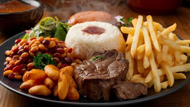 Reisbohnen, Pommes Frites und Rindfleischsteak