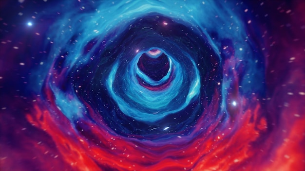 Reise durch ein Wurmloch durch Zeit und Raum voller Millionen von Sternen und Nebeln. Wurmloch-Raumdeformation, Science-Fiction. Schwarzes Loch. Vortex-Hyperraumtunnel. 3D-Darstellung