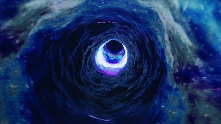 Foto reise durch ein wurmloch durch zeit und raum voller millionen von sternen und nebeln. wurmloch-raumdeformation, science-fiction. schwarzes loch. vortex-hyperraumtunnel. 3d-darstellung