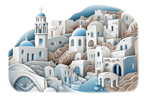 Reise nach Griechenland Konzept Reiseplakat mit aus Papier ausgeschnittenen schönen Gebäuden auf der Insel Santorini, extreme Nahaufnahme, generative KI