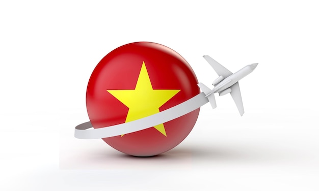 Reise nach vietnam-konzeptflugzeug, das um flag d-rendering fliegt