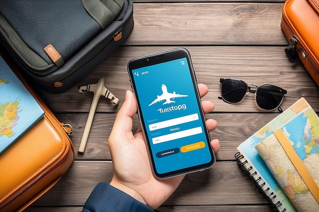 Reise-, Tourismus- und Buchungs-App für Reisegeräte und Gepäck auf einem mobilen Touchscreen-Smartphone