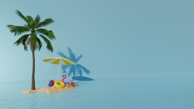 Reise- und Urlaubshintergrund, 3D-Illustration mit wunderschönem blauen Meer und Inselhintergrund, Sommerdesign mit Leerraum für Text