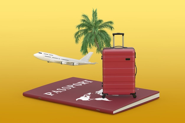 Reise-Urlaubs-Konzept Moderner Luxus-Plastik-Grau-Koffer-Palme-Reisepass und Flugzeug-3D-Rendering