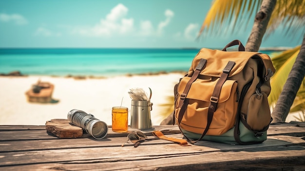 Reiseaccessoires auf einem Holztisch am tropischen Strand Sommerferienkonzept