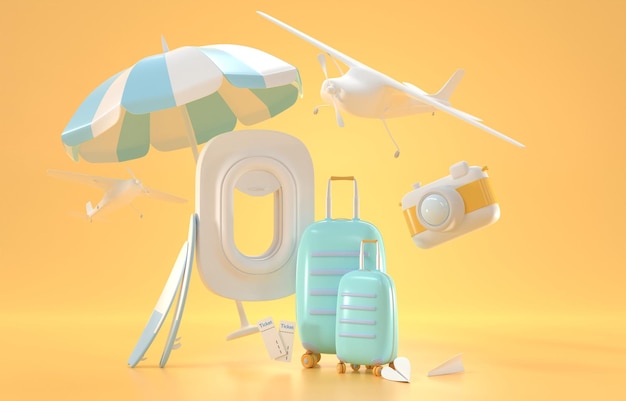 Reisebanner Flugzeugfenster mit blauen Koffern Surfbrettern Sonnenschirm Kameratickets und Privatjet mit Propeller auf gelbem Hintergrund Konzept Sommerreise oder Urlaubsreise 3D-Rendering