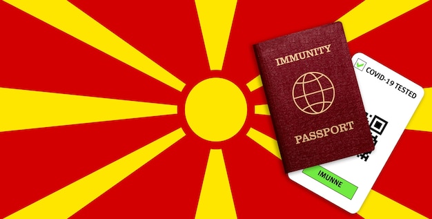 Reisebescheinigung nach einer Pandemie für Personen, die ein Coronavirus hatten oder einen Impfstoff hergestellt haben, und Testergebnis für COVID-19 auf der Flagge Mazedoniens