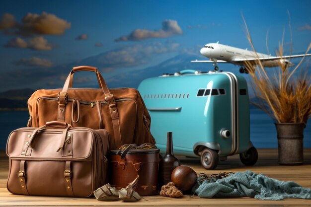 Reisegepäck auf Holztisch mit Flugzeug im Hintergrund Reisekonzept