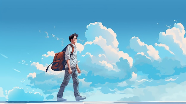 Reiseillustration eines jungen Mannes, der mit einer Tasche unter dem Arm geht, Illustration einer Ruhestandsreise