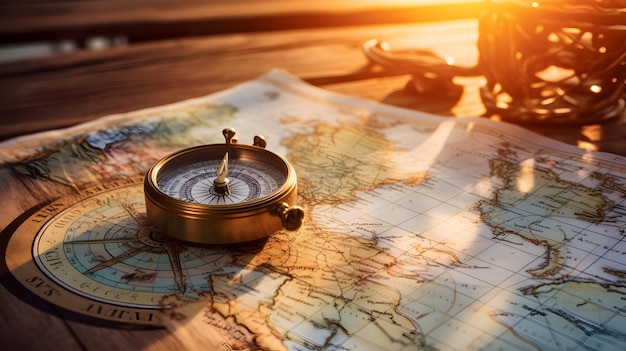 Reisekarte und Kompass auf einem Holztisch bei Tagesanbruch