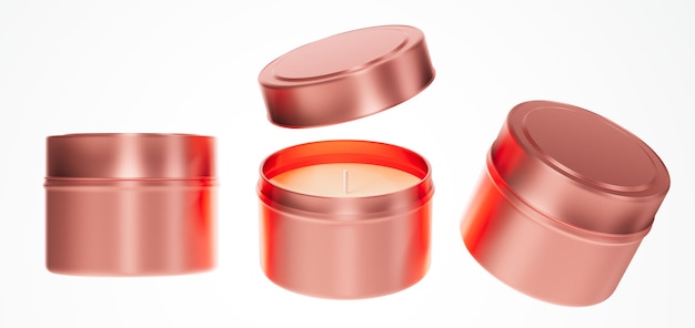 Reisekerze in kupferfarbenem Metallgefäß mit Deckel 3D-Rendermodell verschiedene Ansichten der Kerzenbox isoliert auf weißem Hintergrund Design fertige Vorlage