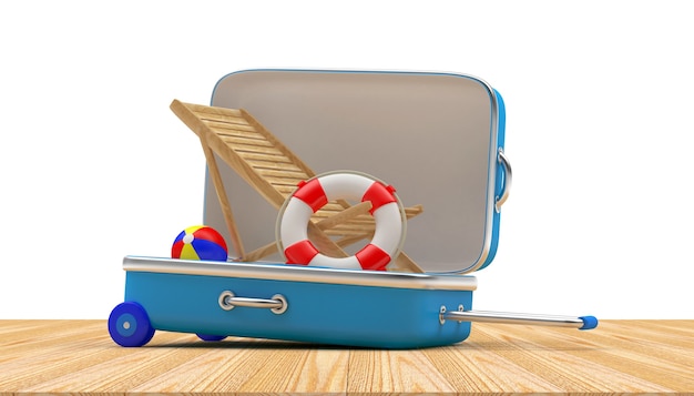 Reisekoffer ist gefüllt mit einem Holzliegestuhl und einem Rettungsring