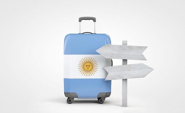 Reisekoffer mit argentinischer Flagge und hölzernem Wegweiser d render