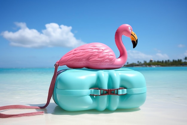 Reisekoffer mit aufblasbarem rosa Flamingo-Gürtel, generative KI