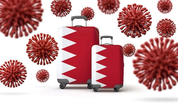 Reisekoffer mit bahrain-flagge und coronavirus-d-rendering