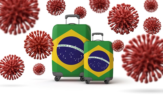 Reisekoffer mit brasilianischer Flagge mit Coronavirus-d-Darstellung