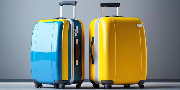 Reisekonzept Banner Moderner luxuriöser blauer und gelber Koffer auf grauem Hintergrund