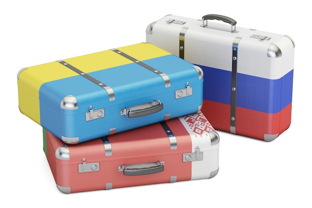 Reisekonzept-Koffer mit Flaggen Russlands, der Ukraine und Weißrusslands 3D-Darstellung