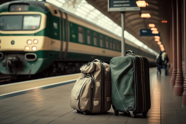 Reisen mit dem Zug Reisekoffer Gepäck mit Gepäck am Bahnhof Abbildung Generative KI