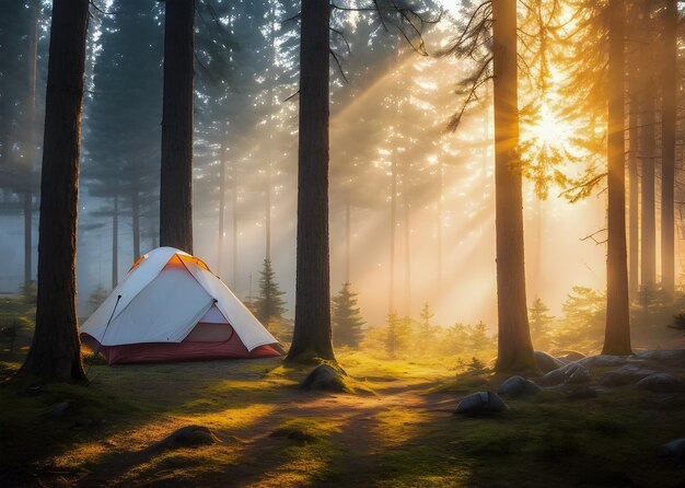 Reisen Natur Setzen Sie ein Zelt in einem Kiefernwald auf und das Sonnenlicht scheint durch die Bäume und generierte Inhalte