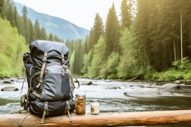 Reisen Rucksack und Fluss mit Wald geschaffen generative ai