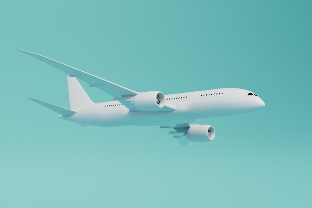 Reisen Sie mit dem Flugzeug ein fliegendes Flugzeug auf einem türkisfarbenen Hintergrund 3D-Rendering
