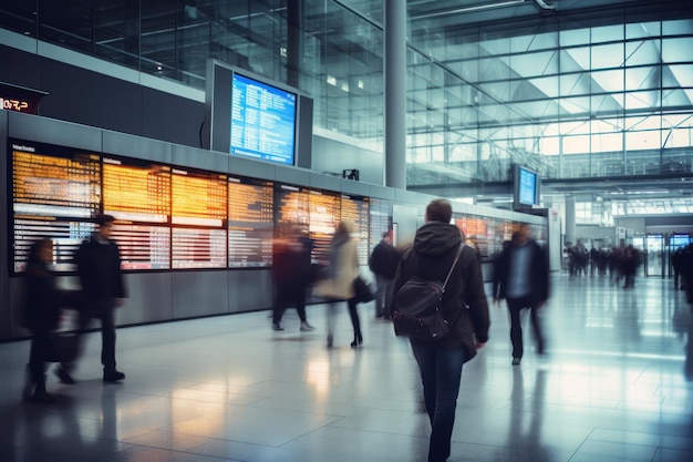 Reisende bewegen sich durch einen hellen Abflugbildschirm des Flughafenterminals, auf dem Fluginformationen angezeigt werden